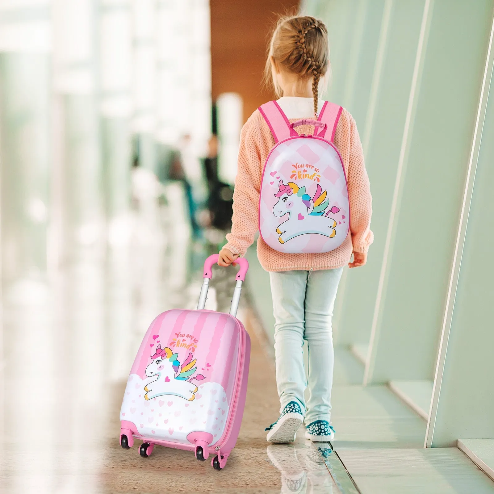 2 Piece Kids Luggage Set with Spinner Wheels and Lightweight Design-Pink