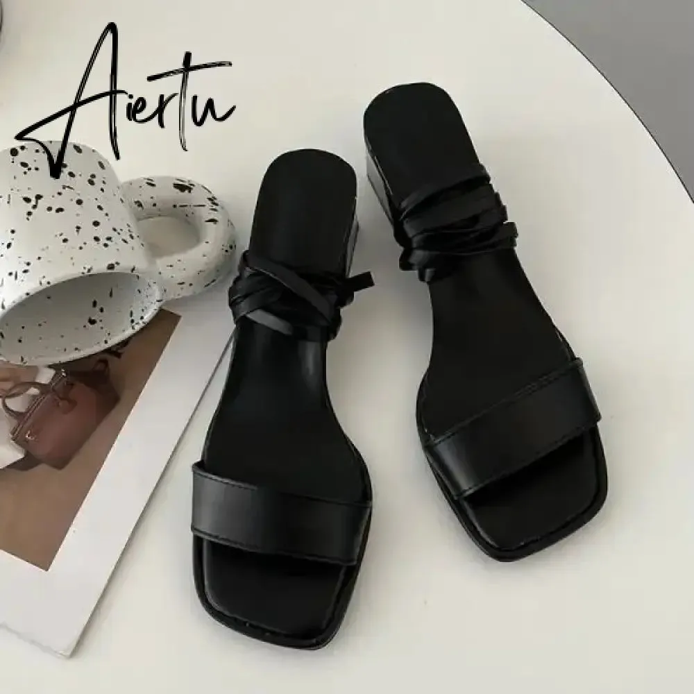 Aiertu 2024 Summer Beige Heeled Sandals Female Shoe Cross-Shoes Square Toe All-Match Black Girls New High Clear Lace Up Comfort Block