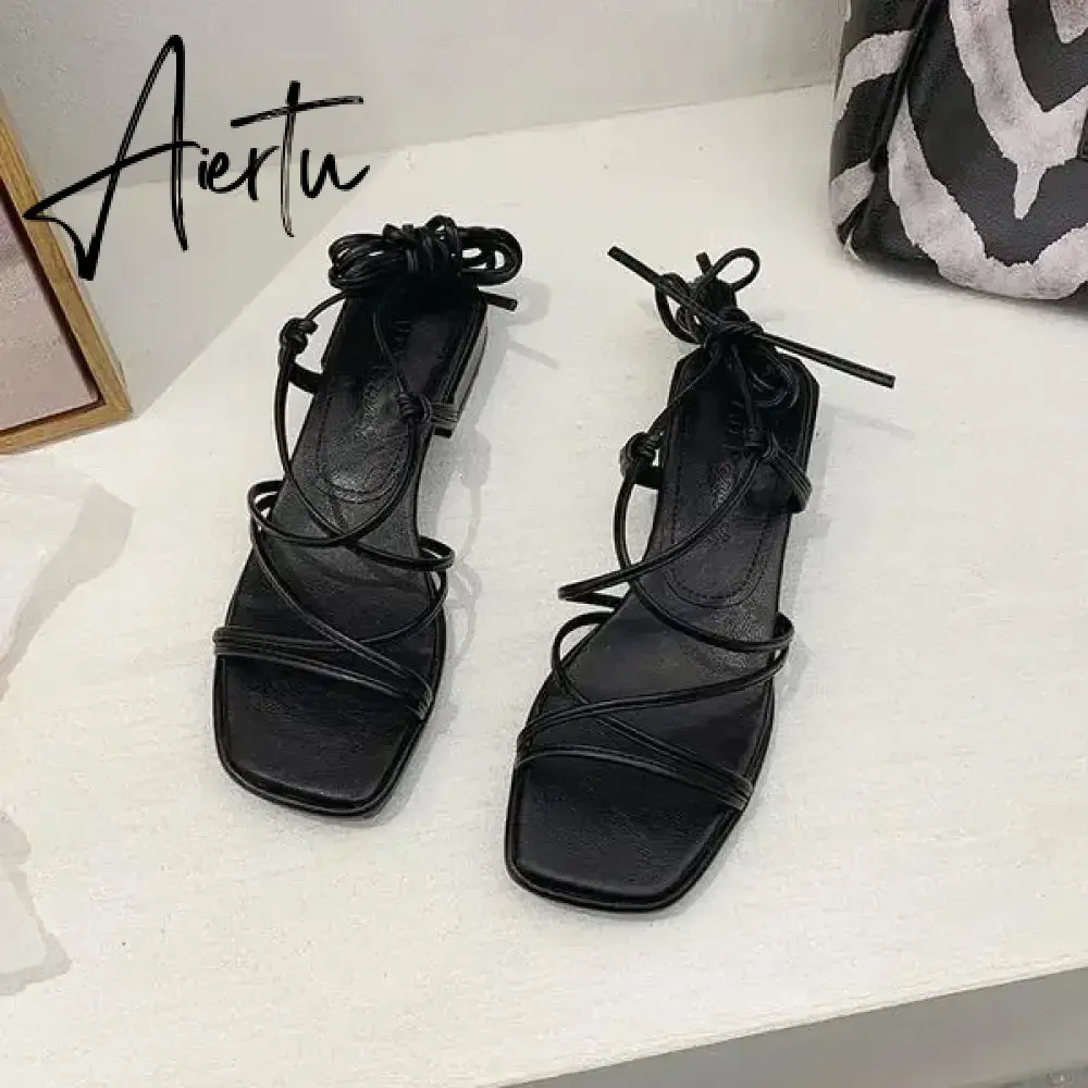 Aiertu 2024 Summer Beige Heeled Sandals Female Shoe Cross-Shoes Square Toe All-Match Black Girls New High Clear Lace Up Comfort Block