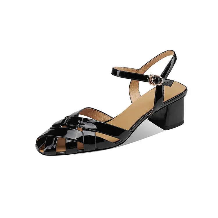 Aiertu NEW Summer Women Sandals Patent Leather Shoes for Women Round Toe Chunky Heel Shoes Cross-tied Cover Toe Black Gladiator Shoes