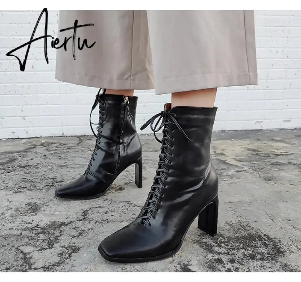 Aiertu Size 35-42 New Style Square Head Punk Women Ankle Boots Fashion Cross Strap Winter Autumn Zipper High Heels Shoes