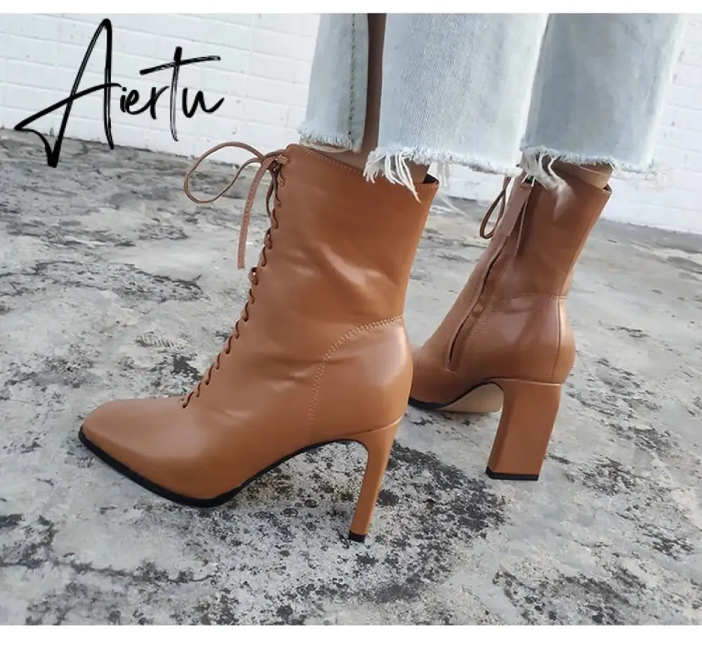 Aiertu Size 35-42 New Style Square Head Punk Women Ankle Boots Fashion Cross Strap Winter Autumn Zipper High Heels Shoes