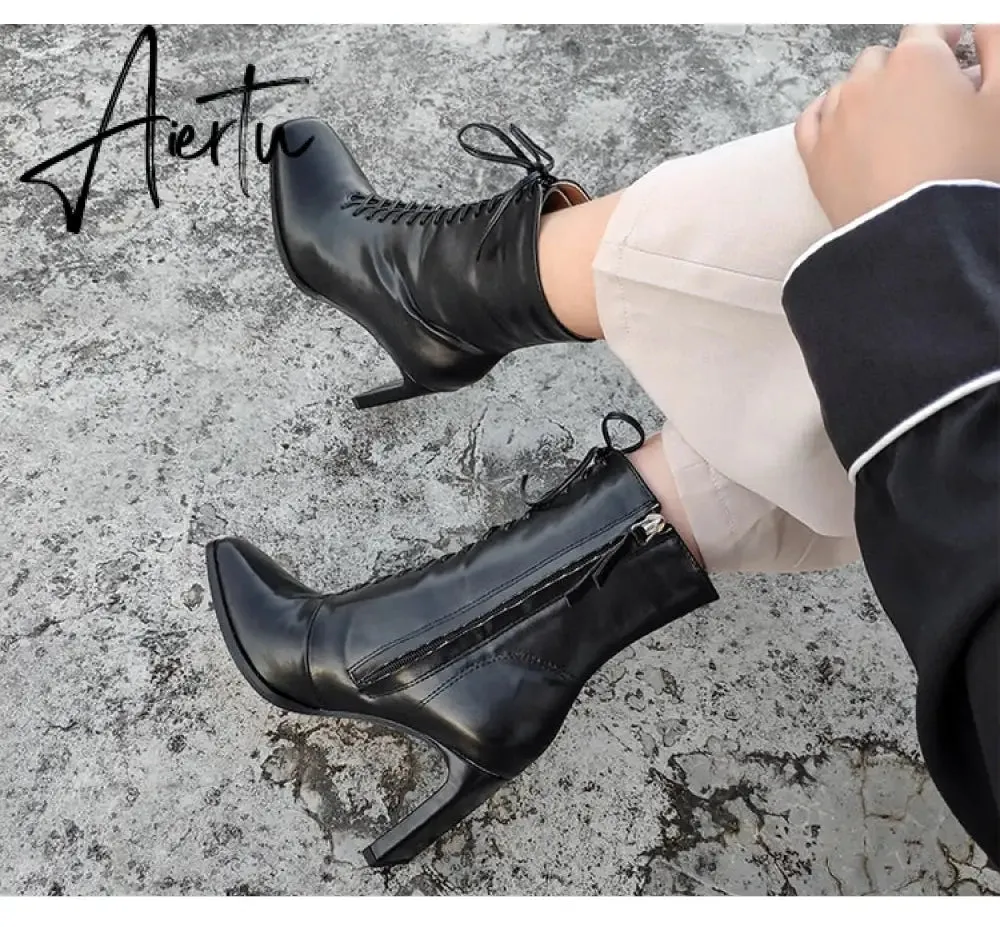 Aiertu Size 35-42 New Style Square Head Punk Women Ankle Boots Fashion Cross Strap Winter Autumn Zipper High Heels Shoes