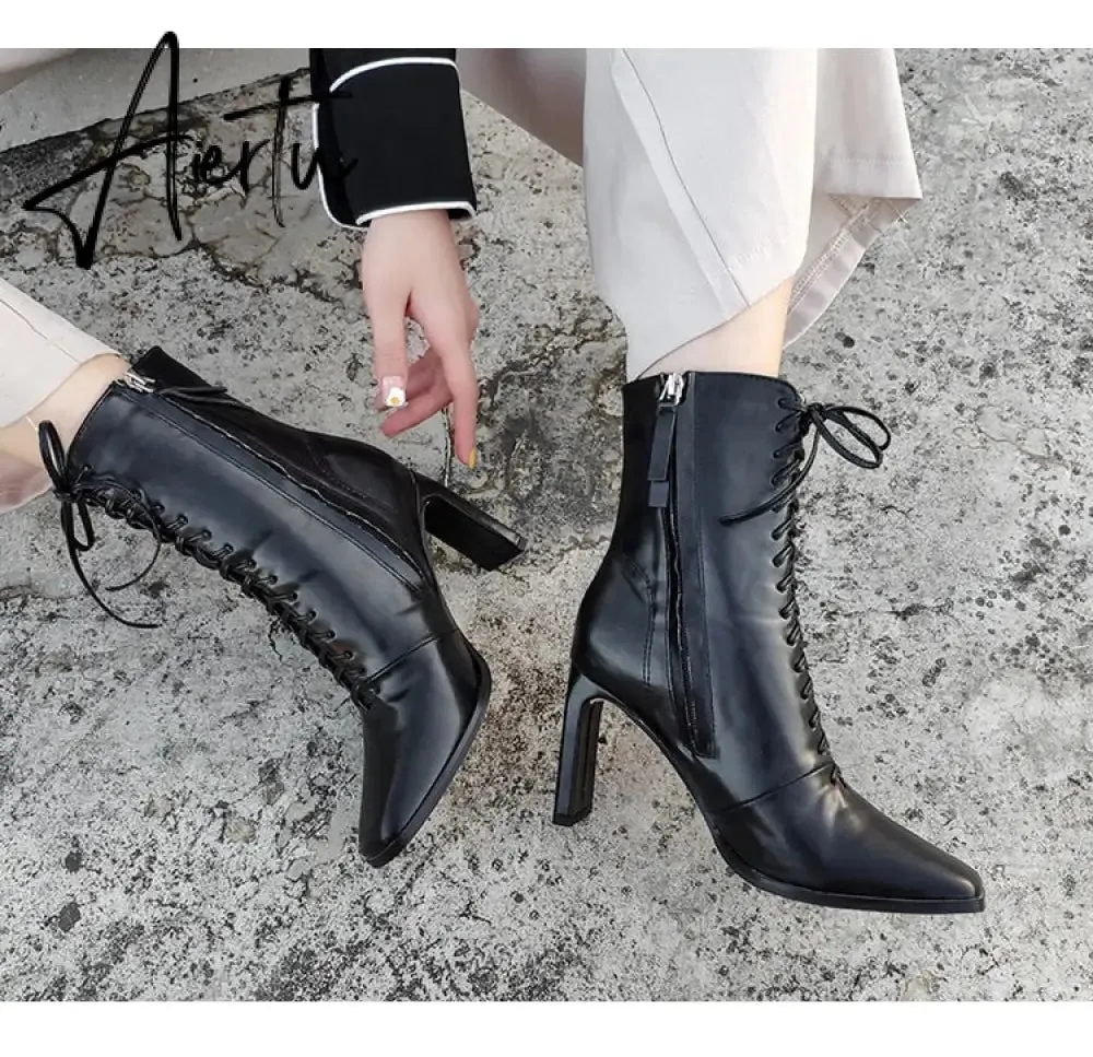 Aiertu Size 35-42 New Style Square Head Punk Women Ankle Boots Fashion Cross Strap Winter Autumn Zipper High Heels Shoes