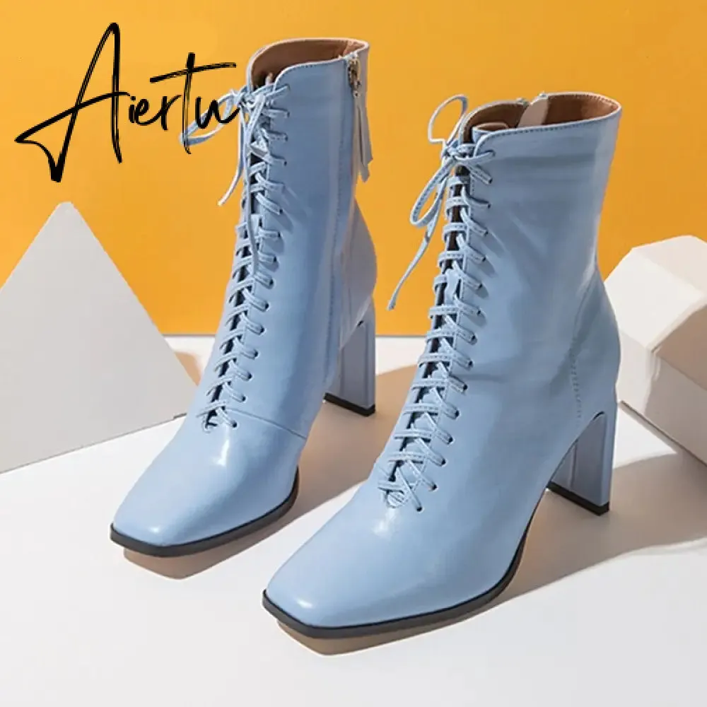 Aiertu Size 35-42 New Style Square Head Punk Women Ankle Boots Fashion Cross Strap Winter Autumn Zipper High Heels Shoes