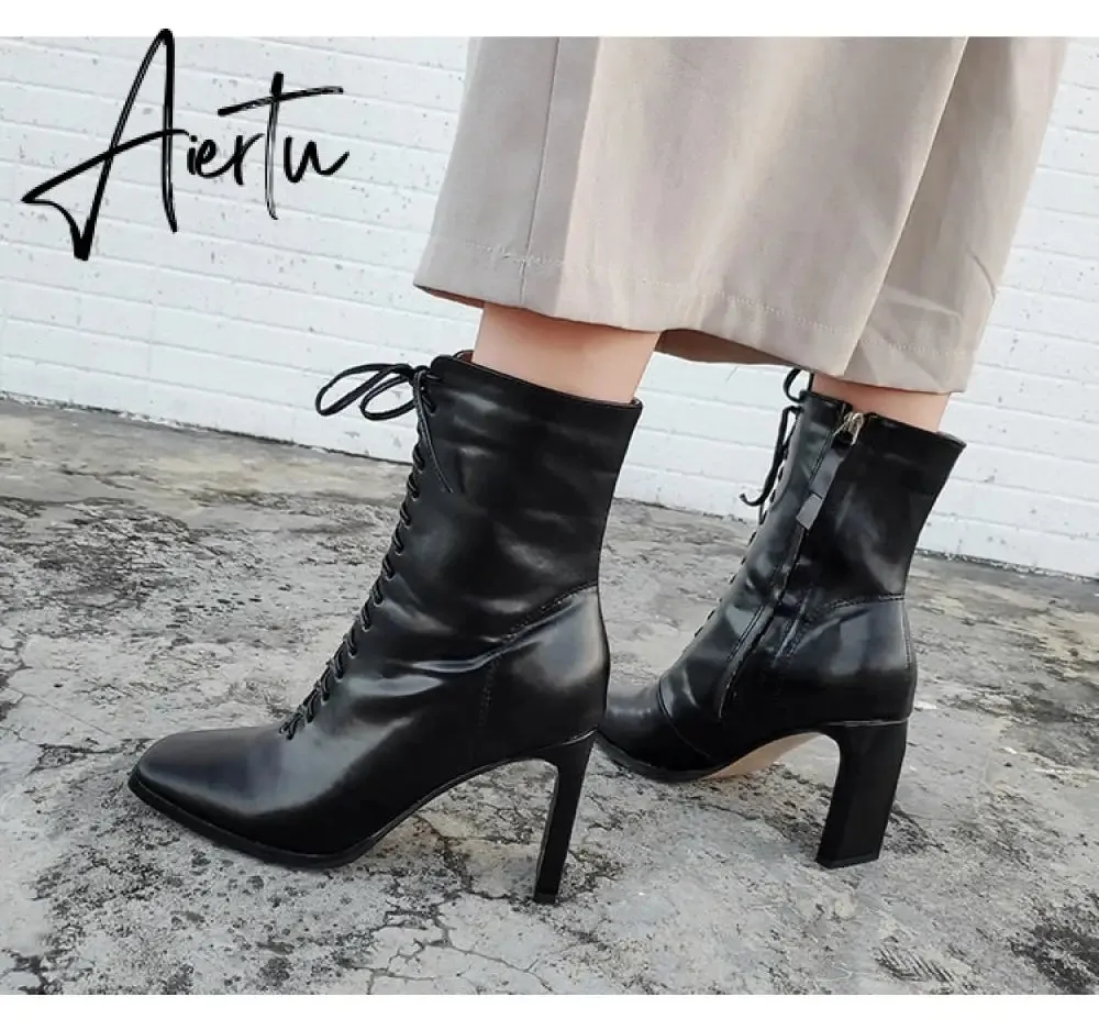 Aiertu Size 35-42 New Style Square Head Punk Women Ankle Boots Fashion Cross Strap Winter Autumn Zipper High Heels Shoes