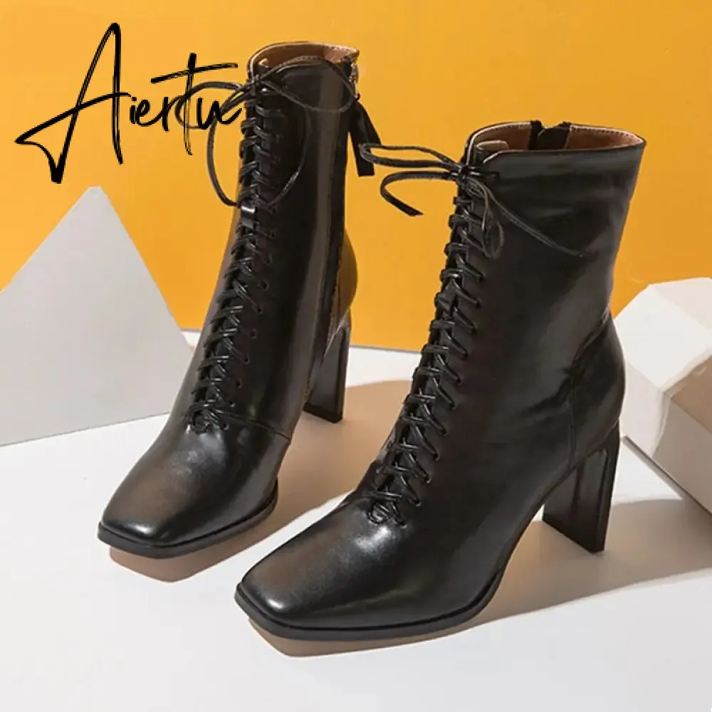 Aiertu Size 35-42 New Style Square Head Punk Women Ankle Boots Fashion Cross Strap Winter Autumn Zipper High Heels Shoes