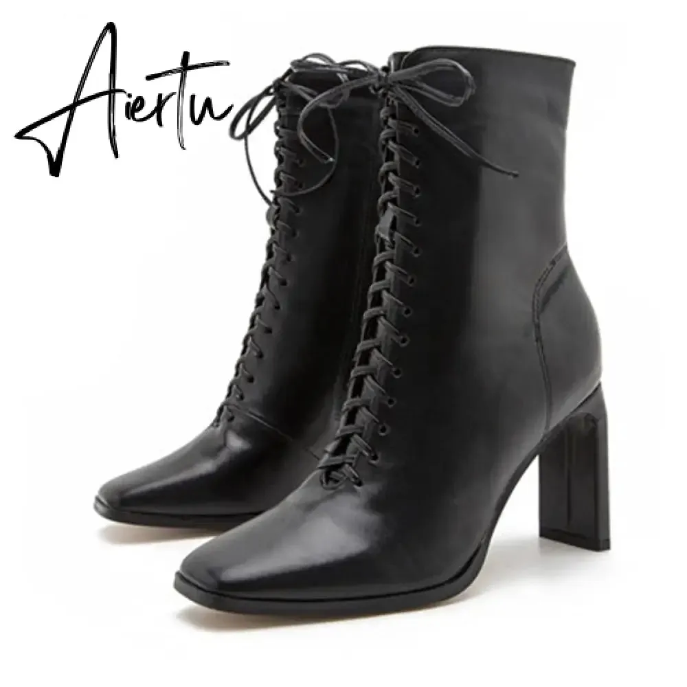 Aiertu Size 35-42 New Style Square Head Punk Women Ankle Boots Fashion Cross Strap Winter Autumn Zipper High Heels Shoes