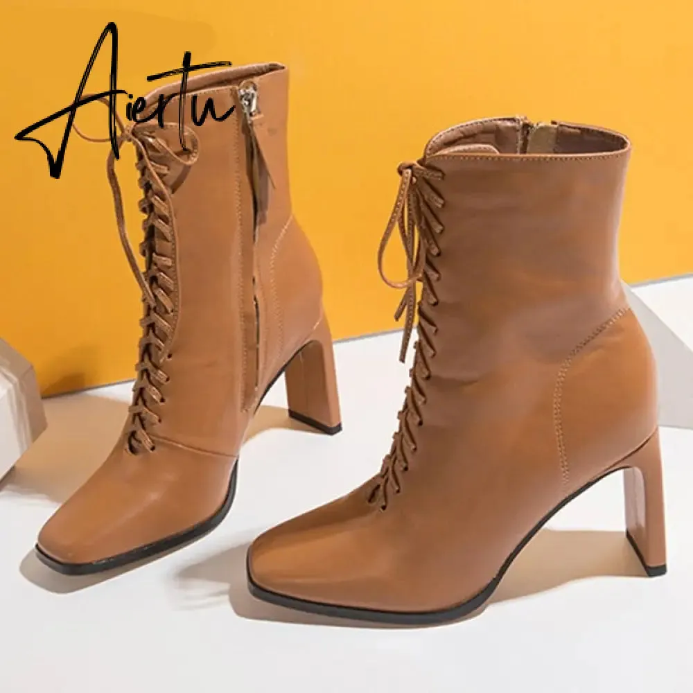 Aiertu Size 35-42 New Style Square Head Punk Women Ankle Boots Fashion Cross Strap Winter Autumn Zipper High Heels Shoes