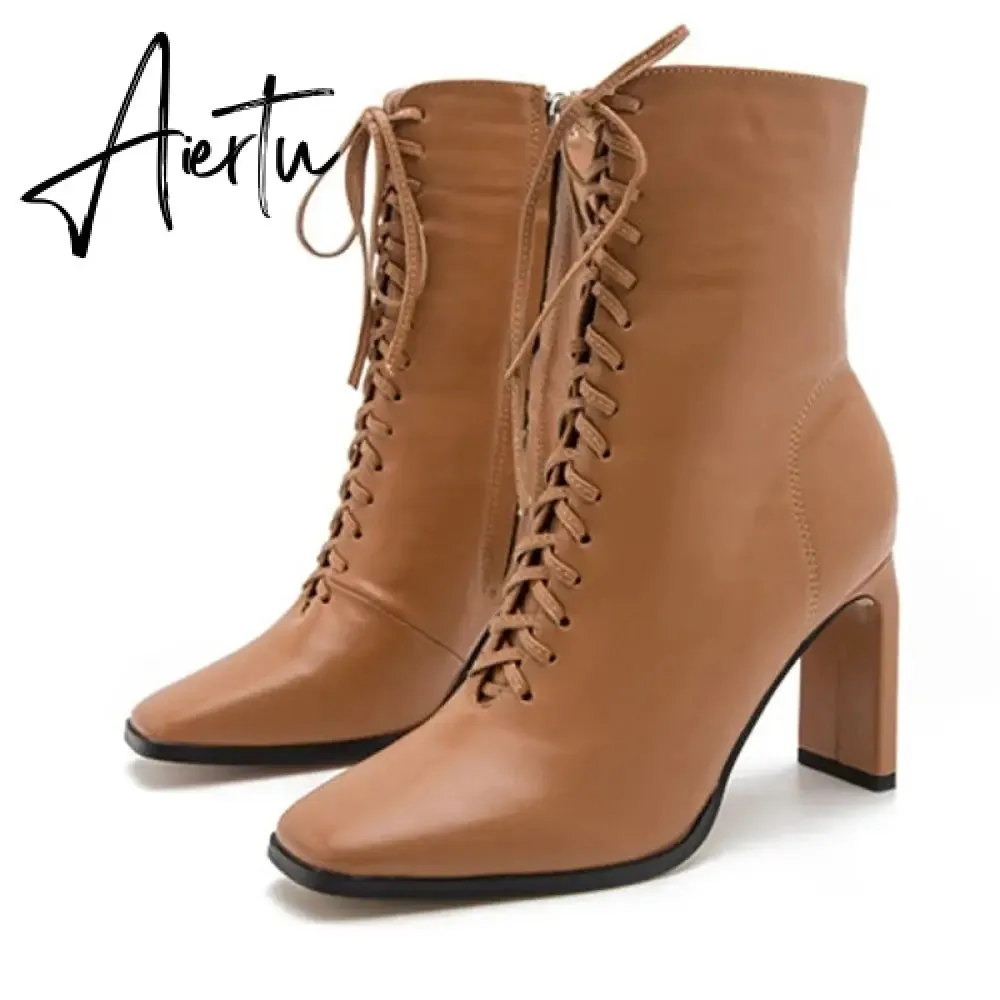 Aiertu Size 35-42 New Style Square Head Punk Women Ankle Boots Fashion Cross Strap Winter Autumn Zipper High Heels Shoes