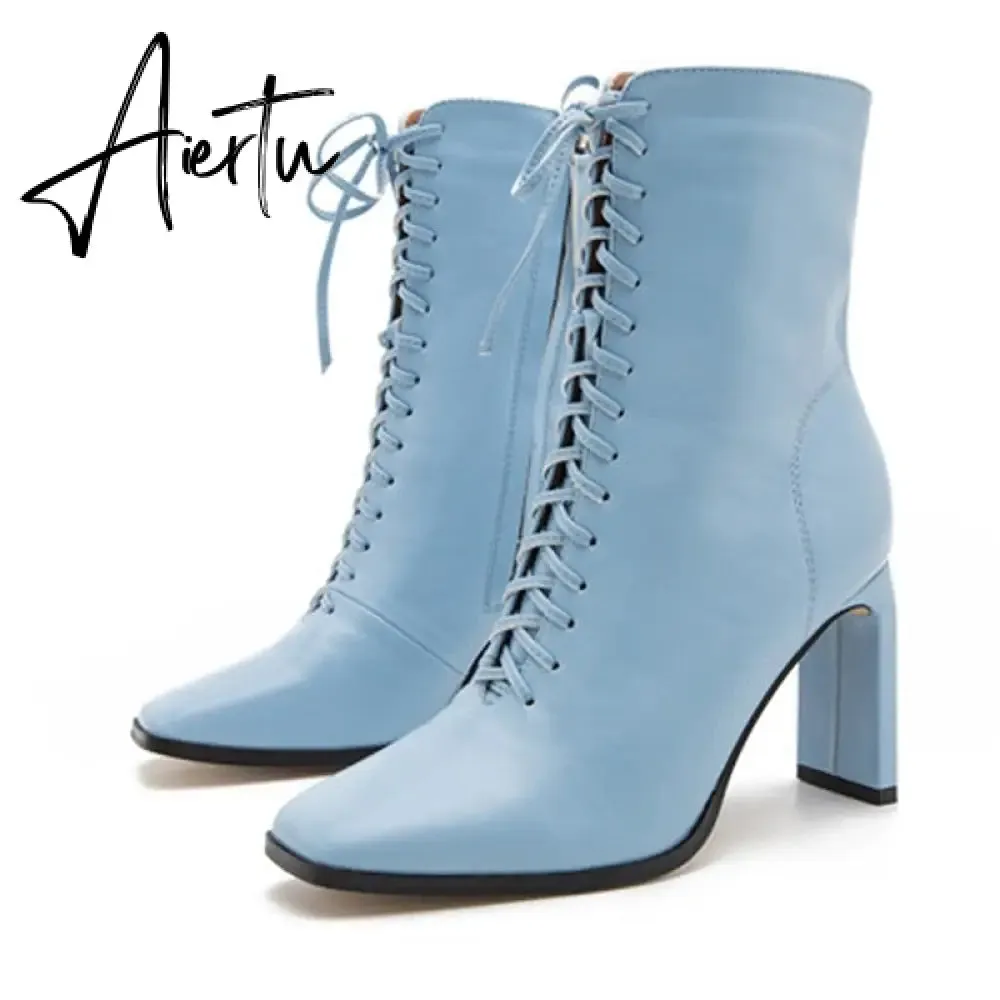 Aiertu Size 35-42 New Style Square Head Punk Women Ankle Boots Fashion Cross Strap Winter Autumn Zipper High Heels Shoes