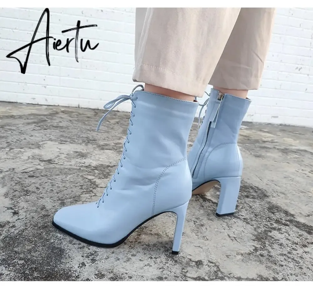 Aiertu Size 35-42 New Style Square Head Punk Women Ankle Boots Fashion Cross Strap Winter Autumn Zipper High Heels Shoes