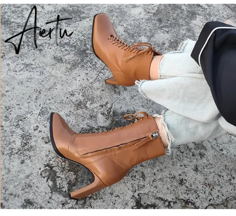 Aiertu Size 35-42 New Style Square Head Punk Women Ankle Boots Fashion Cross Strap Winter Autumn Zipper High Heels Shoes