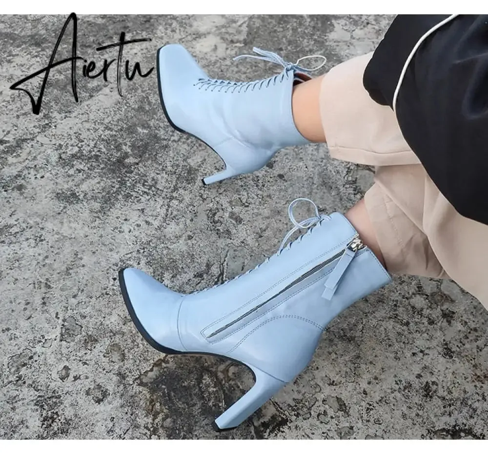 Aiertu Size 35-42 New Style Square Head Punk Women Ankle Boots Fashion Cross Strap Winter Autumn Zipper High Heels Shoes