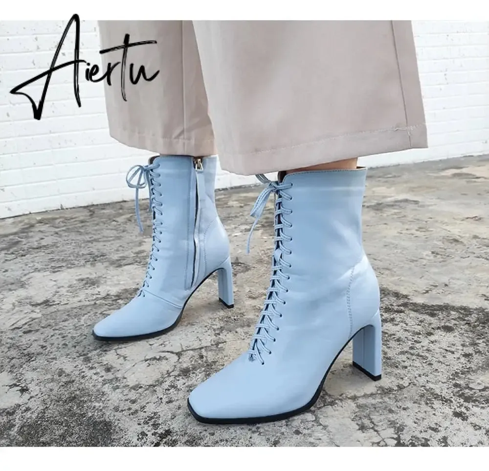 Aiertu Size 35-42 New Style Square Head Punk Women Ankle Boots Fashion Cross Strap Winter Autumn Zipper High Heels Shoes