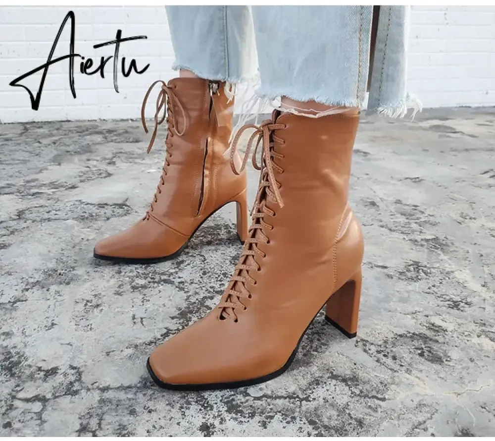 Aiertu Size 35-42 New Style Square Head Punk Women Ankle Boots Fashion Cross Strap Winter Autumn Zipper High Heels Shoes