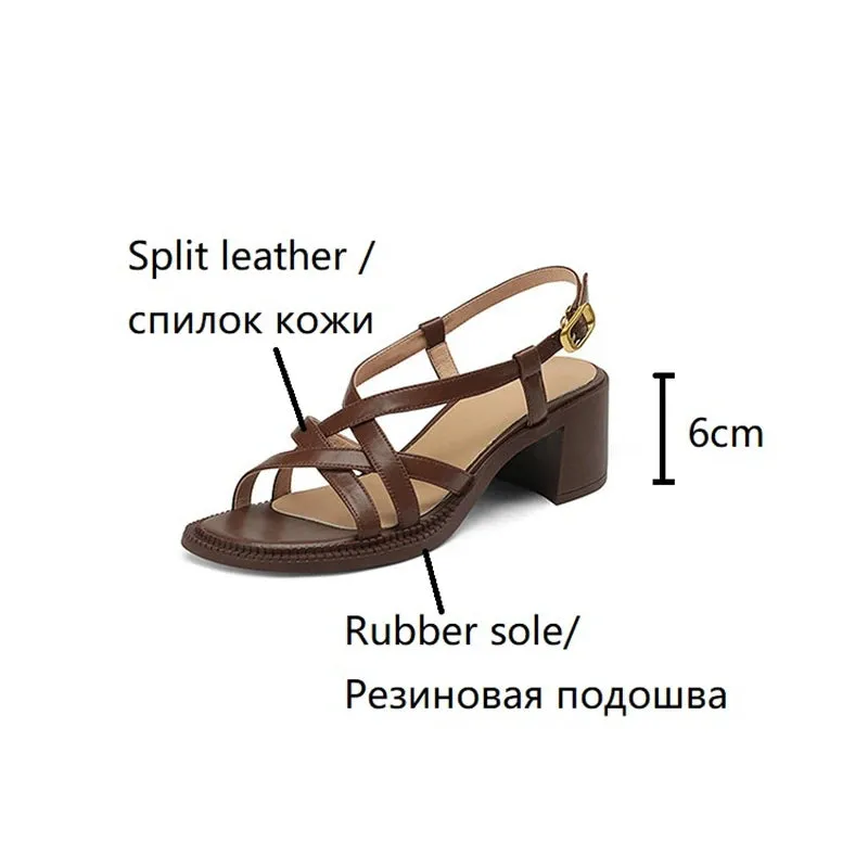 Aiertu Summer Women Shoes Open Toe Chunky Heel Women Sandals Split Leather High Heels Cross-tied Shoes Handmade Shoes for Women