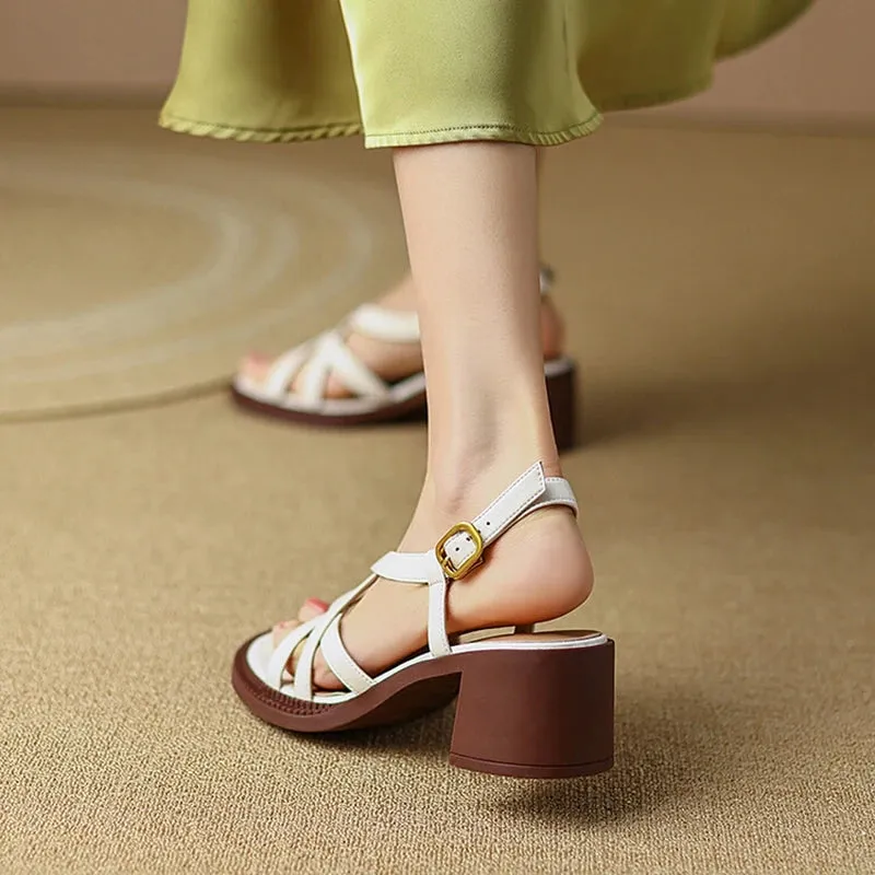 Aiertu Summer Women Shoes Open Toe Chunky Heel Women Sandals Split Leather High Heels Cross-tied Shoes Handmade Shoes for Women