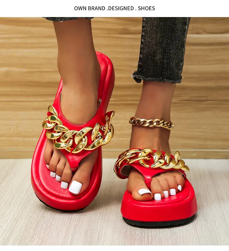 Amozae-Women Chain Flats Platform Slippers Summer Shoes Sandals New Casual Flip Flops Beach Shoes Slingbacks Slides Women Home Zapatos