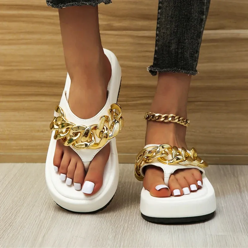 Amozae-Women Chain Flats Platform Slippers Summer Shoes Sandals New Casual Flip Flops Beach Shoes Slingbacks Slides Women Home Zapatos