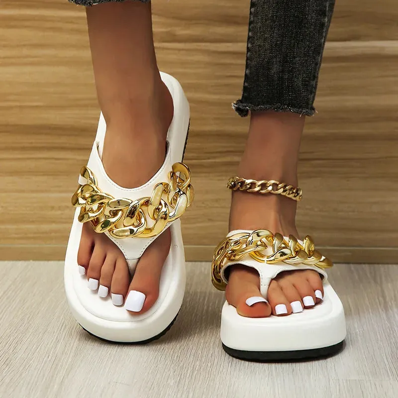 Amozae-Women Chain Flats Platform Slippers Summer Shoes Sandals New Casual Flip Flops Beach Shoes Slingbacks Slides Women Home Zapatos