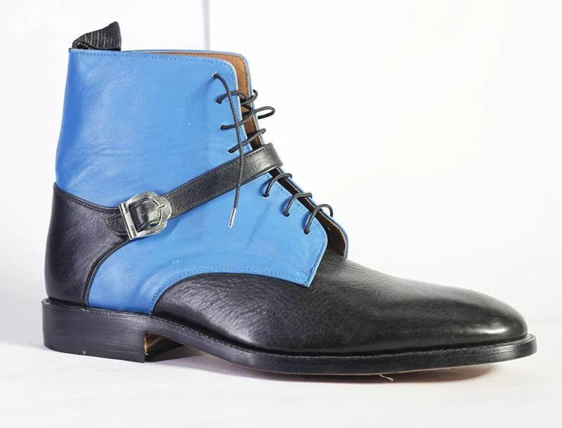 Bespoke Black Sky Blue Leather Ankle Buckle Up Boots