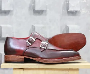 Bespoke Burgundy Leather Double Monk Strap Shoe for Men