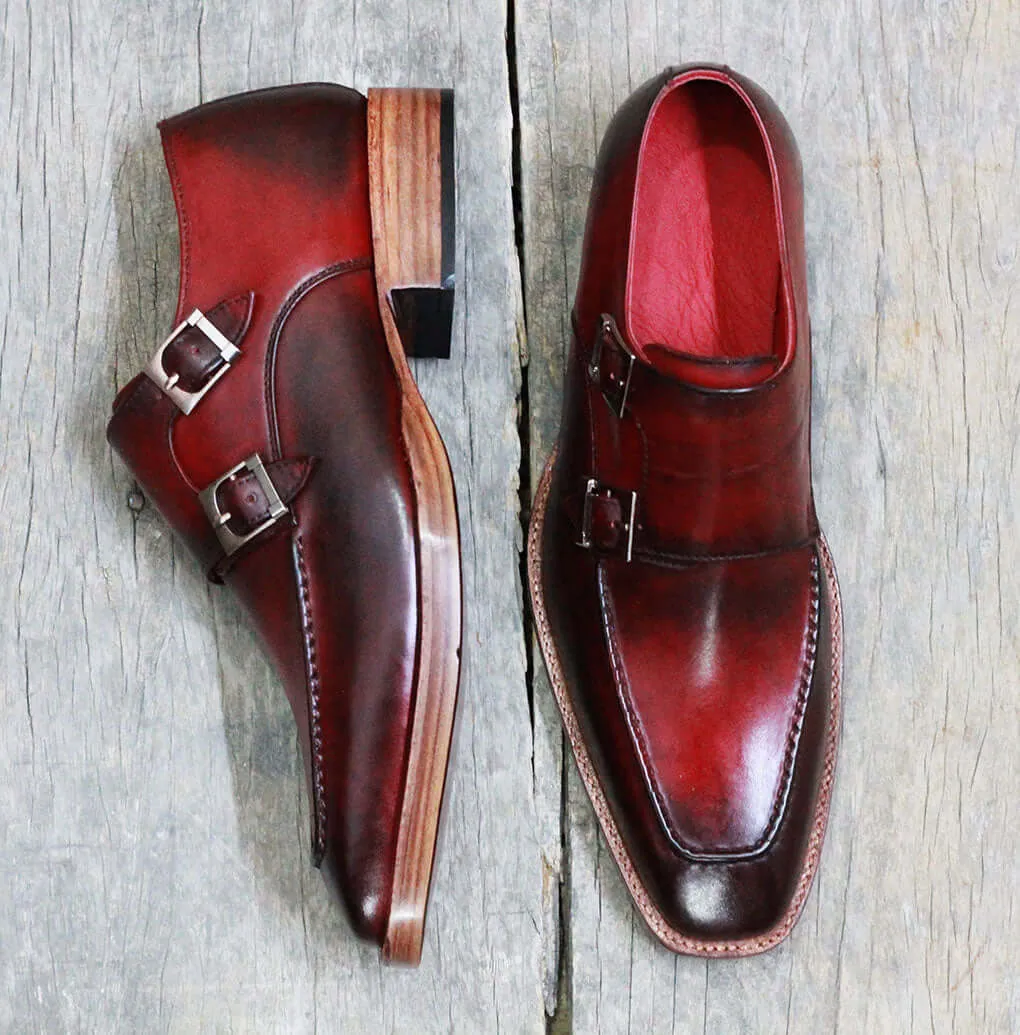 Bespoke Burgundy Leather Double Monk Strap Shoe for Men