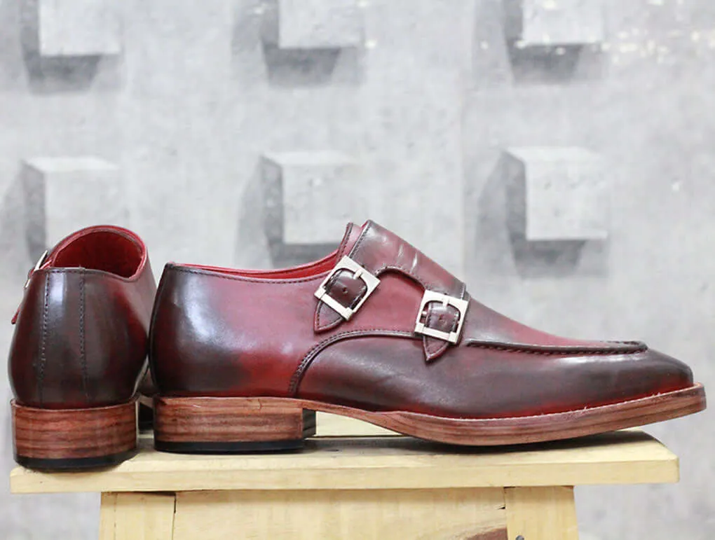 Bespoke Burgundy Leather Double Monk Strap Shoe for Men