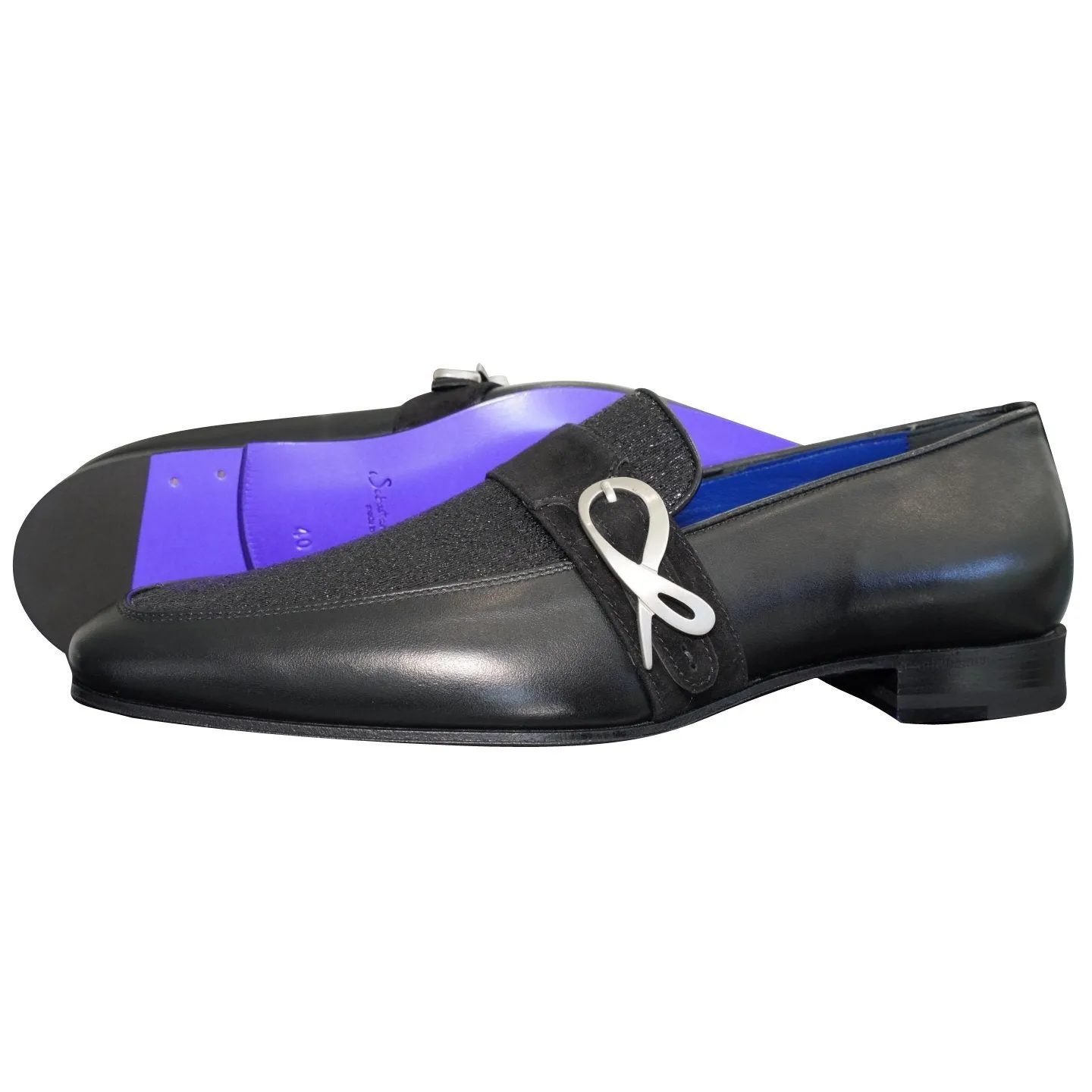 Black Diamante Leather Monk Silver Loafer