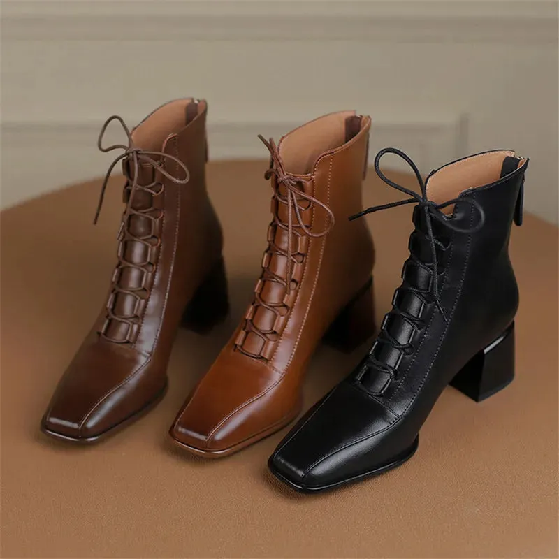 Booties for Women - Botines para Mujer Square Toe Zipper Chunky Heels Boots Vintage