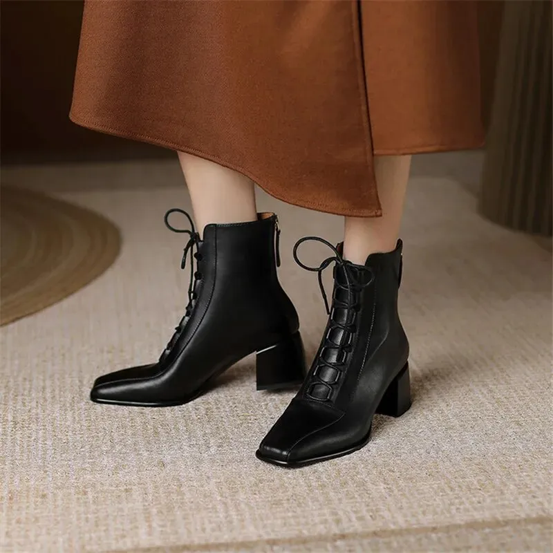 Booties for Women - Botines para Mujer Square Toe Zipper Chunky Heels Boots Vintage