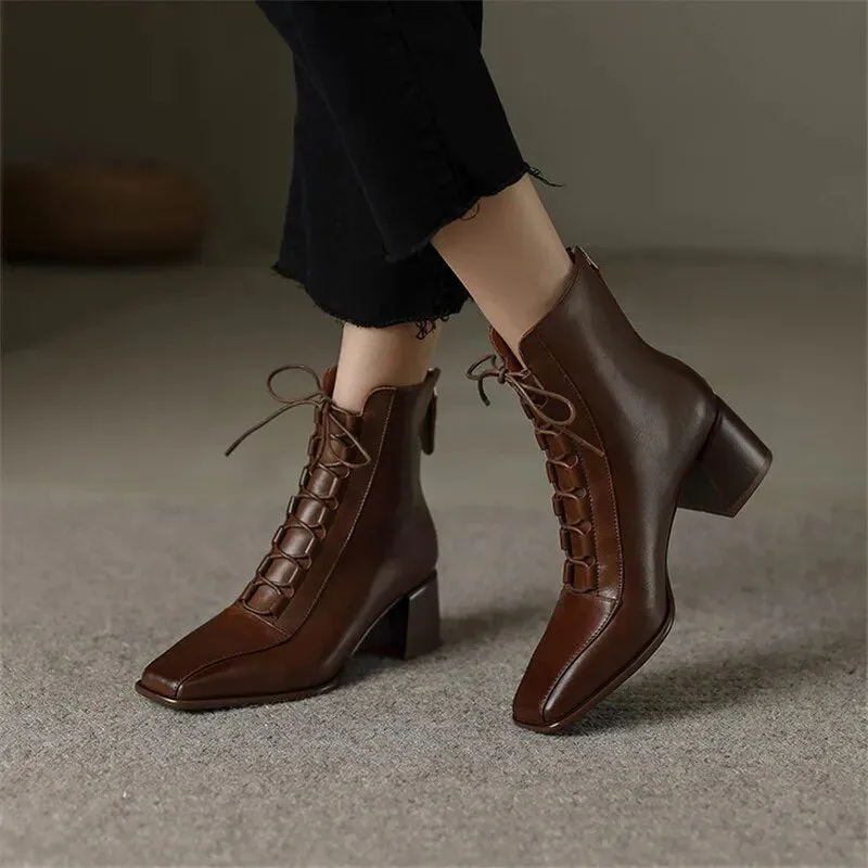 Booties for Women - Botines para Mujer Square Toe Zipper Chunky Heels Boots Vintage