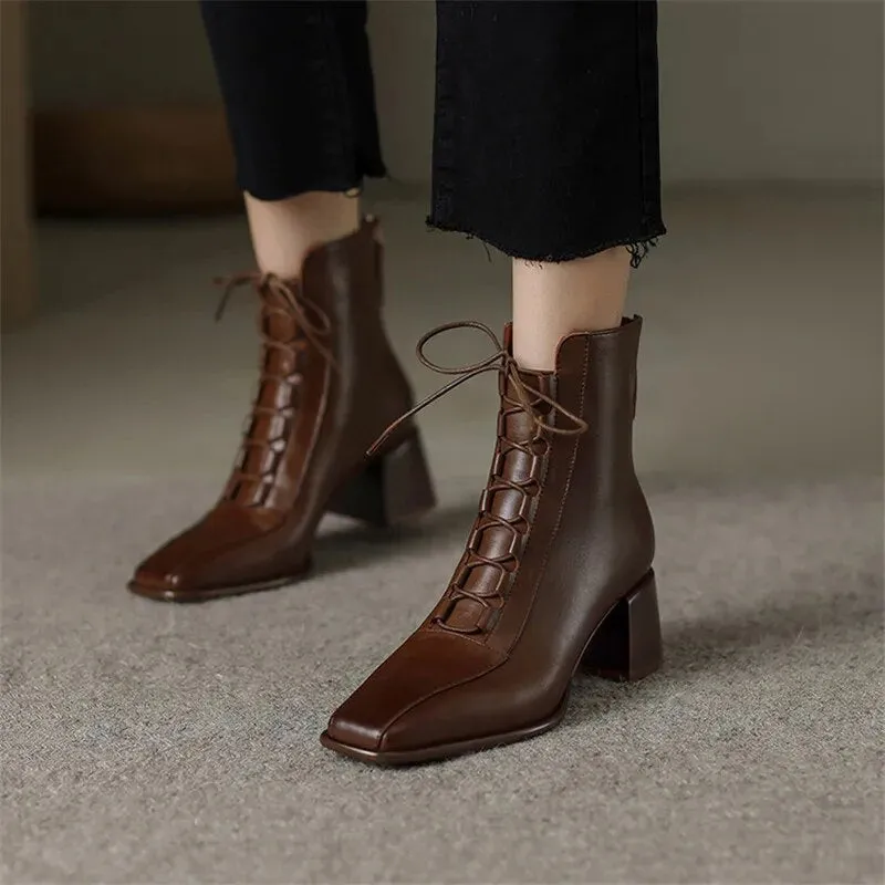 Booties for Women - Botines para Mujer Square Toe Zipper Chunky Heels Boots Vintage