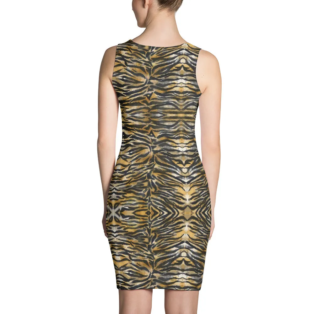 Brown Tiger Stripe Women's Dress, Animal Print Sexy One-piece Stretchy Dress-Made in USA/EU