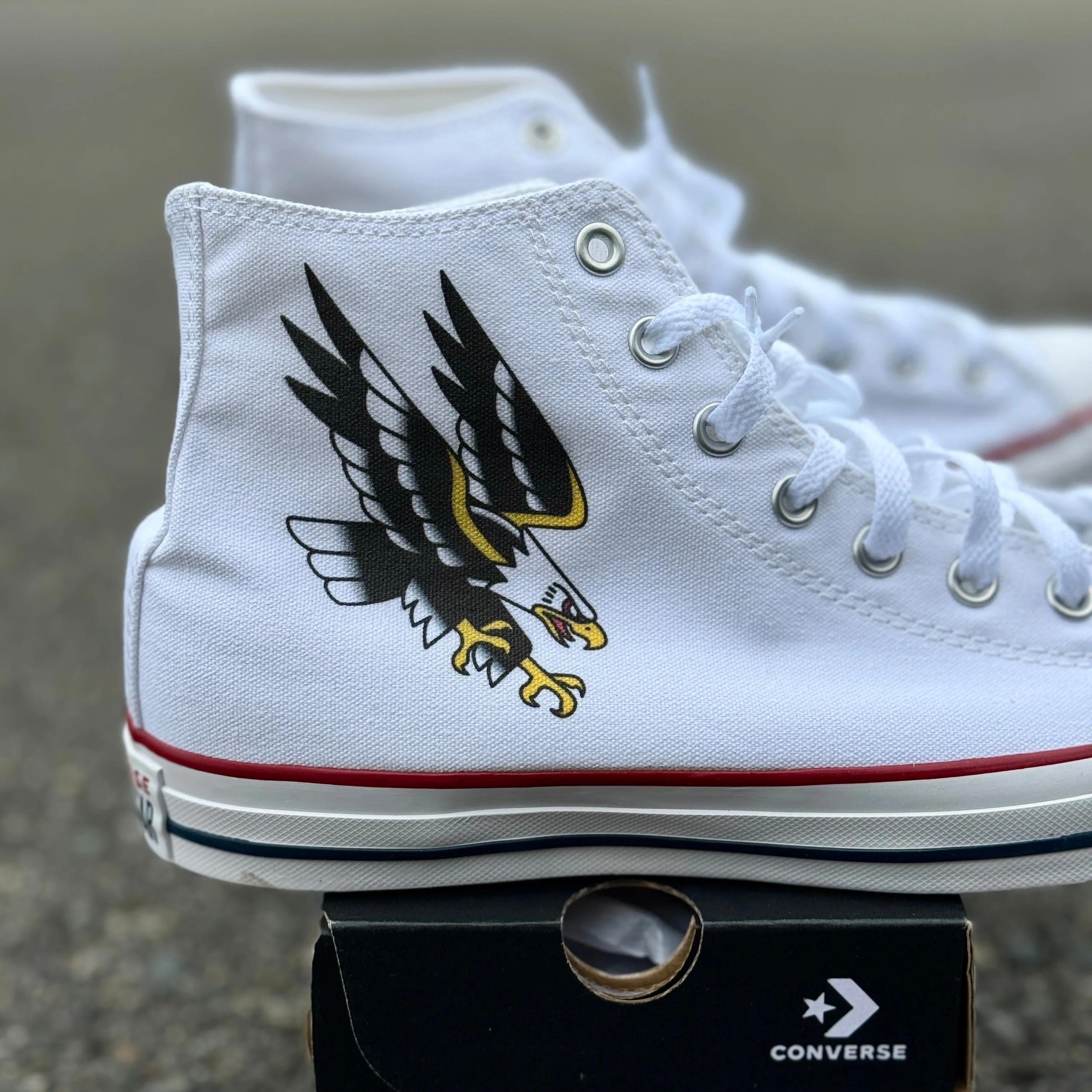 Custom Traditional Eagle Tattoo on White High Top Converse