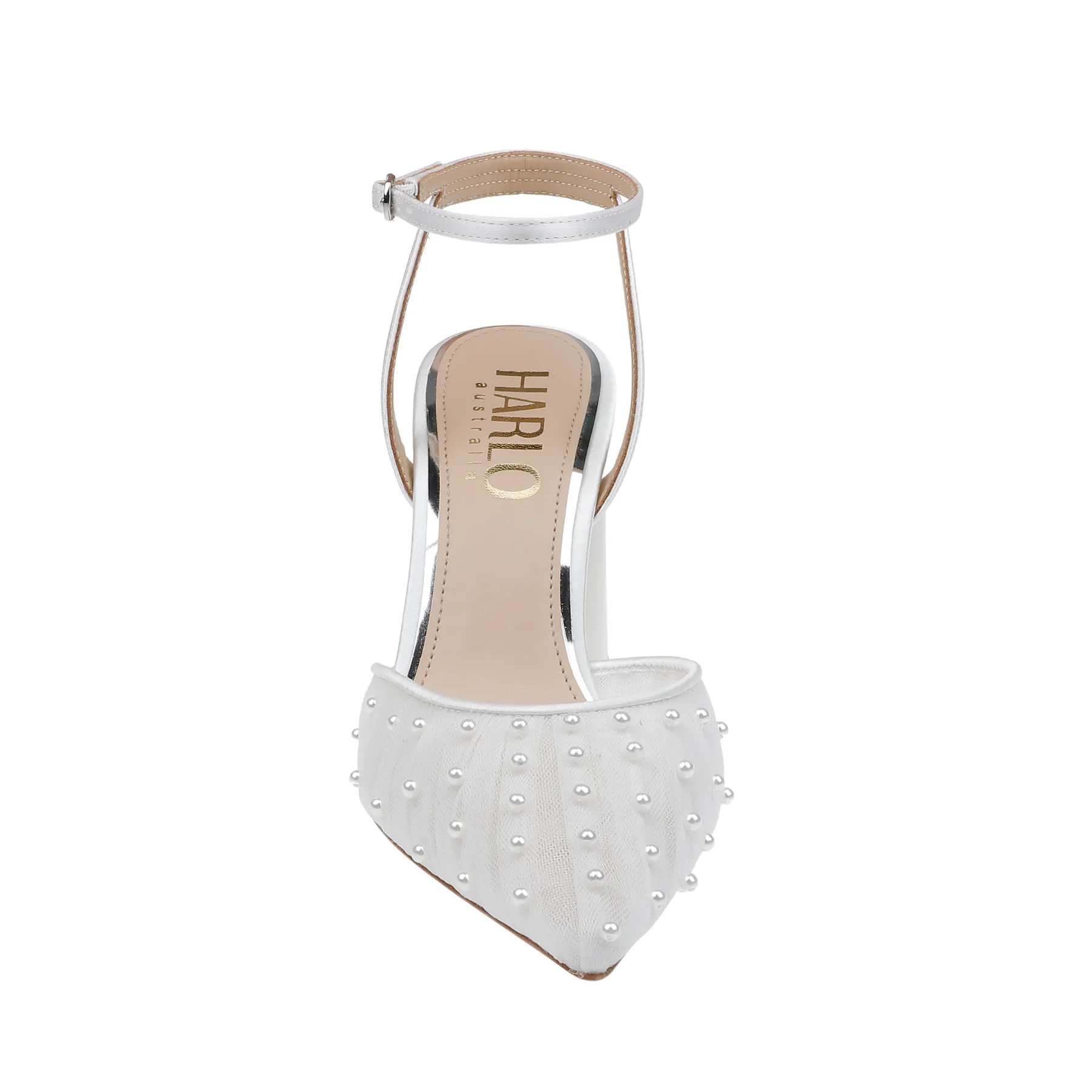 Elle - White Tulle Block Heeled Point with Handsewn Pearls