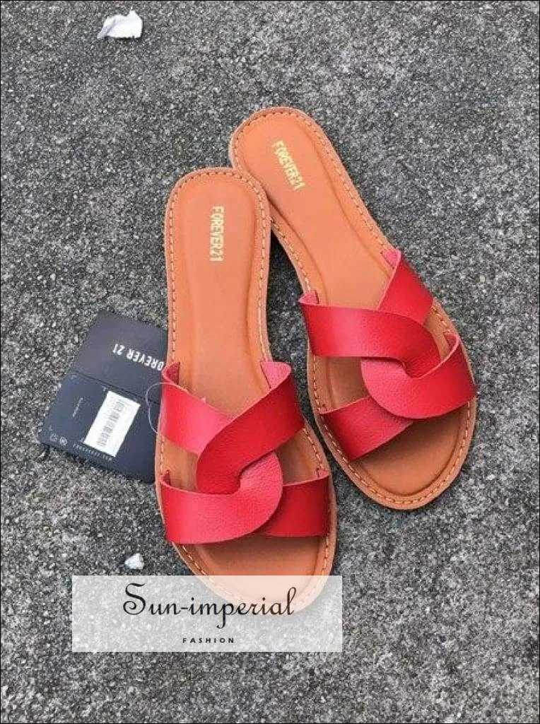 Flat Sandals Summer Women's Slippers Leather Comfortable Sole Cross Weave 8 Colors - Gold