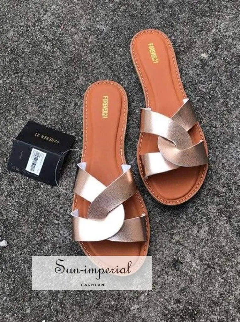 Flat Sandals Summer Women's Slippers Leather Comfortable Sole Cross Weave 8 Colors - Gold