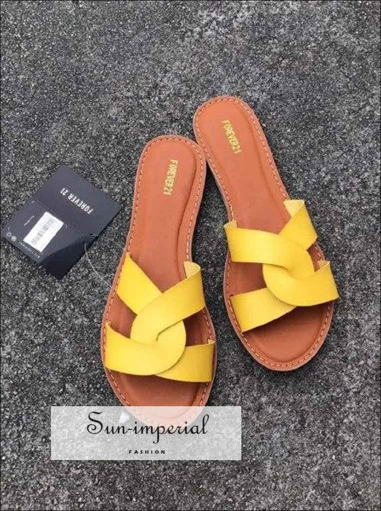 Flat Sandals Summer Women's Slippers Leather Comfortable Sole Cross Weave 8 Colors - Gold