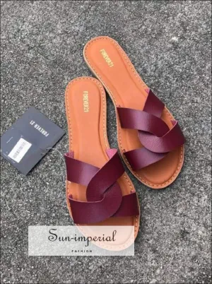 Flat Sandals Summer Women's Slippers Leather Comfortable Sole Cross Weave 8 Colors - Red Wine