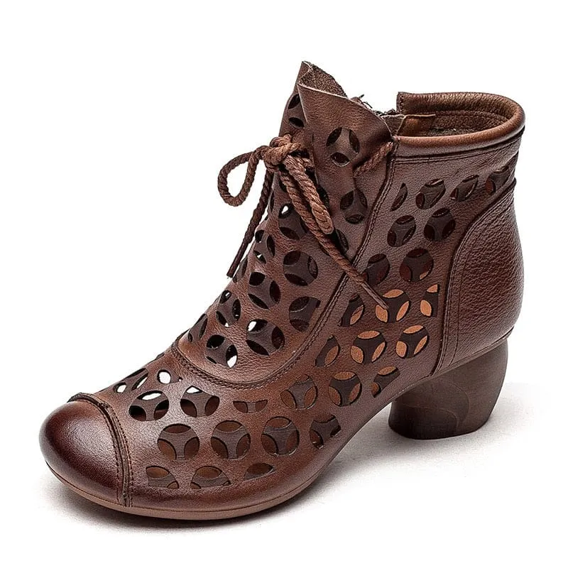 Genuine Leather Med High Heel Back Zipper Summer Ankle Women Boots