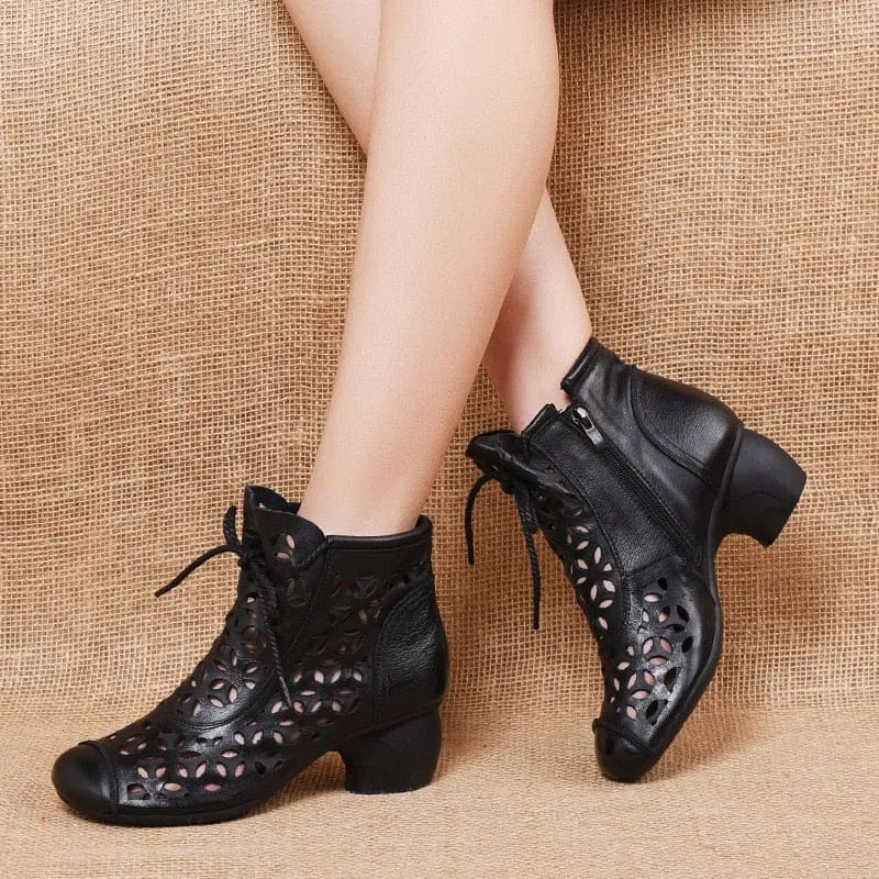 Genuine Leather Med High Heel Back Zipper Summer Ankle Women Boots