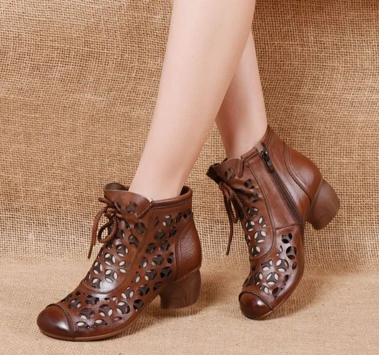 Genuine Leather Med High Heel Back Zipper Summer Ankle Women Boots