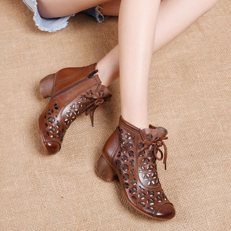 Genuine Leather Med High Heel Back Zipper Summer Ankle Women Boots