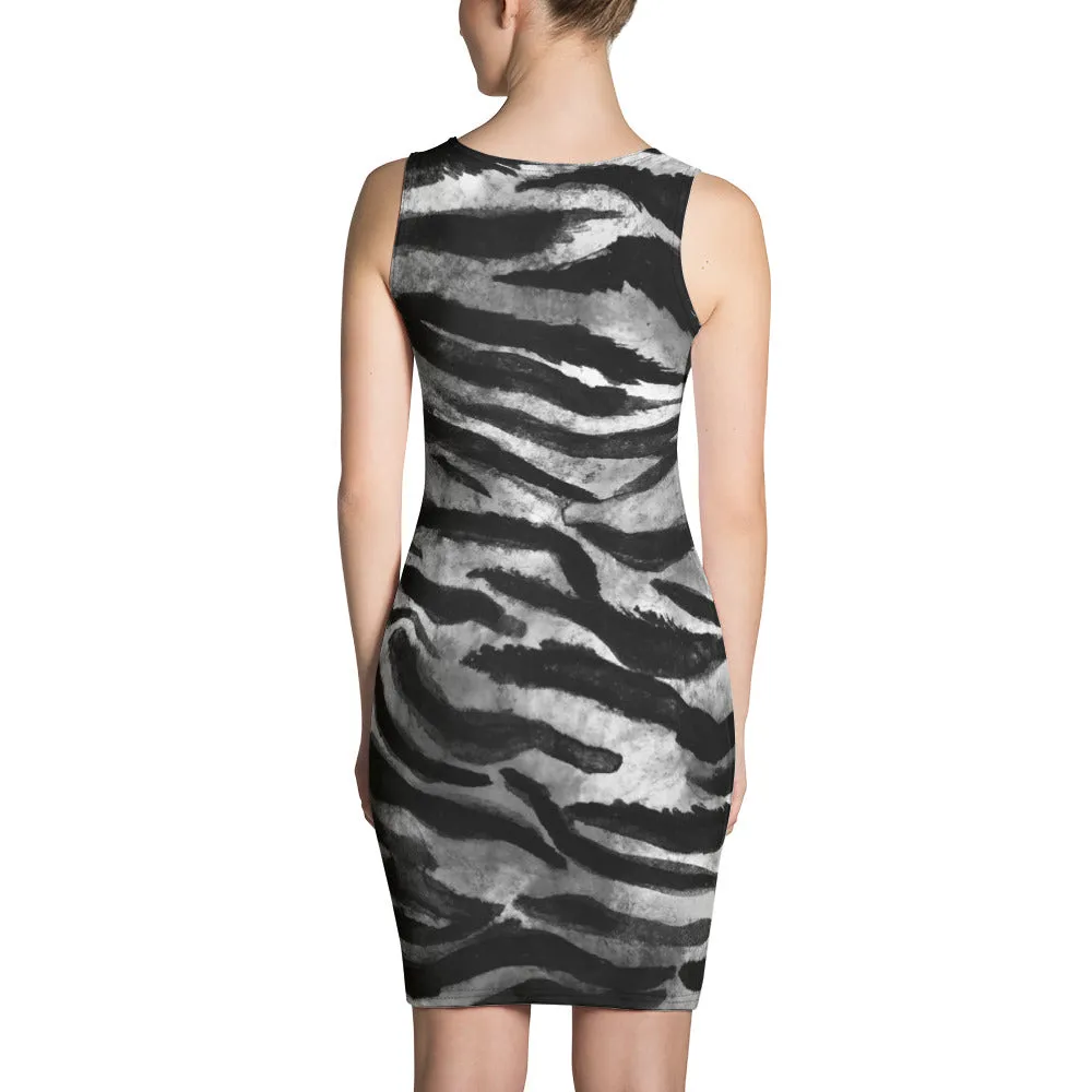 Grey Tiger Stripes Dress, Tiger Striped Animal Print Women's Sleeveless 1-pc Little Black Tank Dress -Made in USA