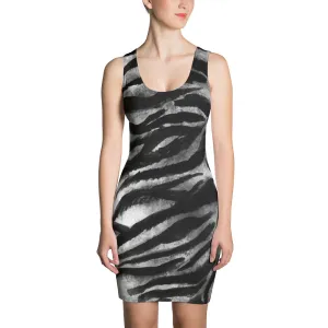 Grey Tiger Stripes Dress, Tiger Striped Animal Print Women's Sleeveless 1-pc Little Black Tank Dress -Made in USA