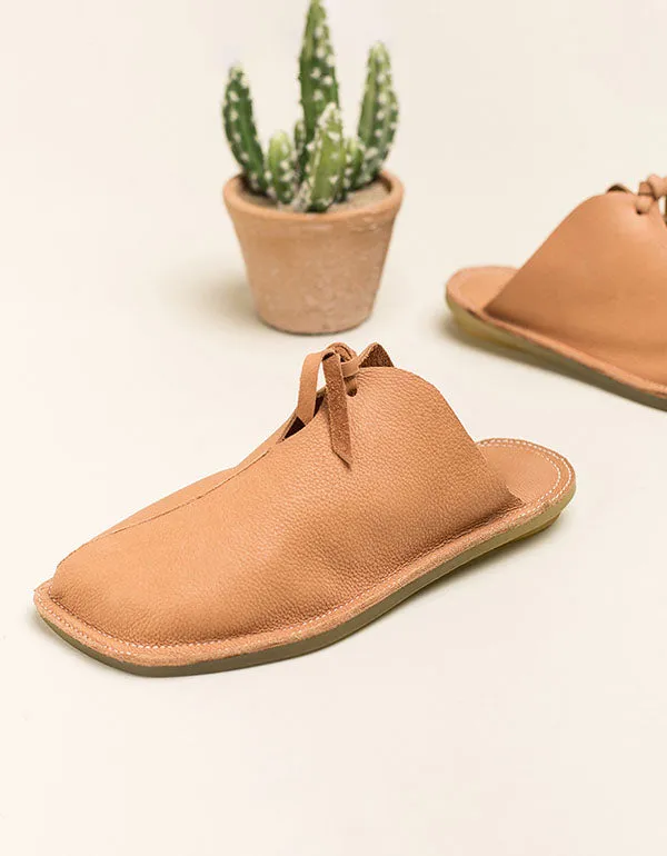 Handmade Leather Slippers Wide Flat Mules for Women