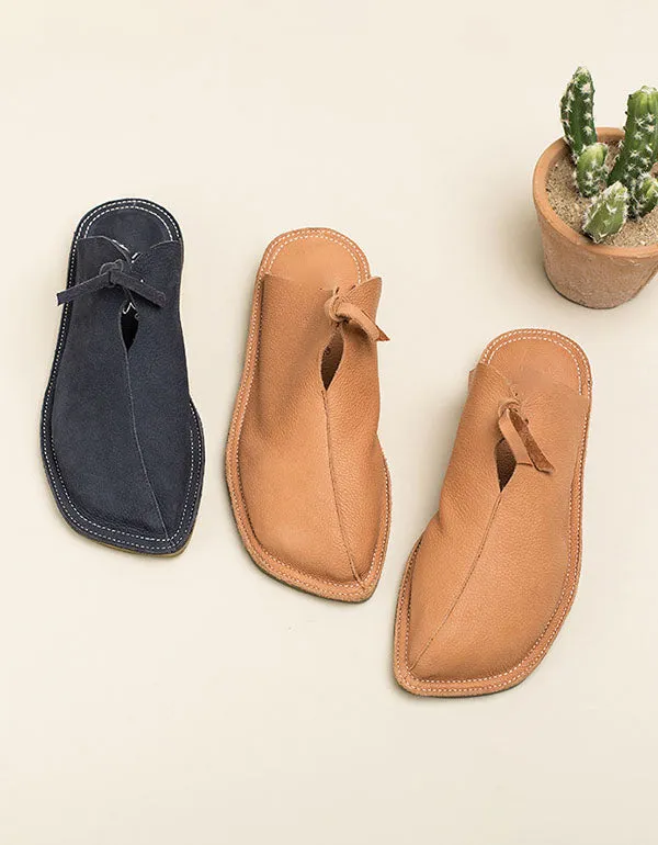 Handmade Leather Slippers Wide Flat Mules for Women