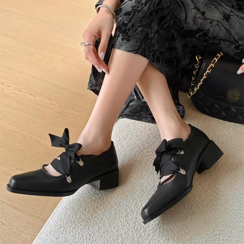 Handmade Square Toe Leather Mary Jane Shoes with Cross-strap Detail in Apricot/Black